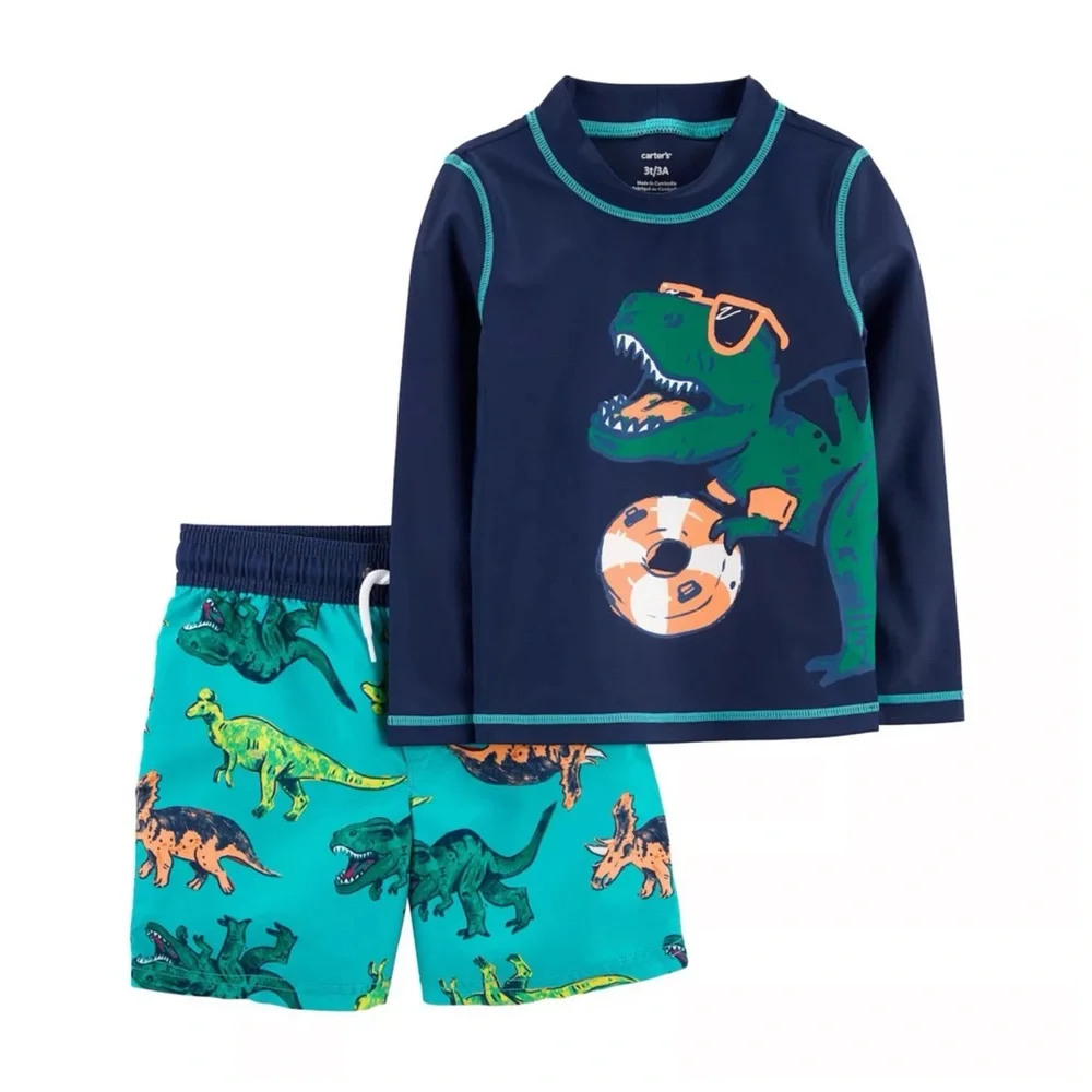 Carters Blue & Green 2-Piece Dinosaur Long Sleeve Rashguard & Swim Trunk Set 24M